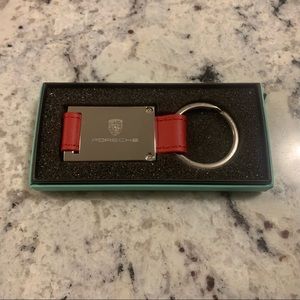 Porsche metal and red leather key ring